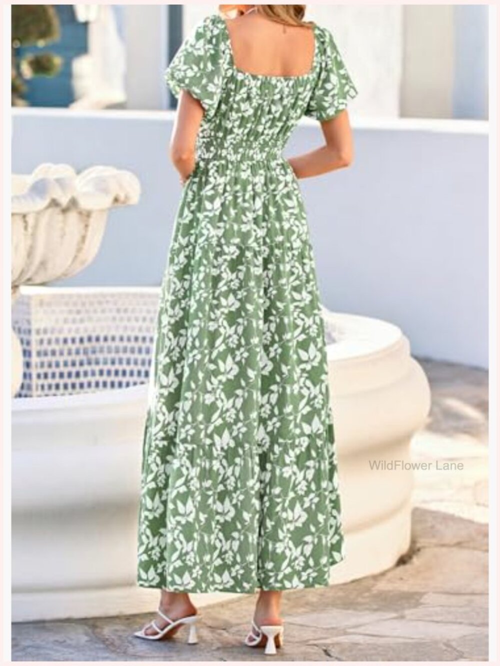 Puff Sleeve Maxi Dress Square Neck Smocked Tiered A-Line Flowy Pockets - Picture 3 of 7